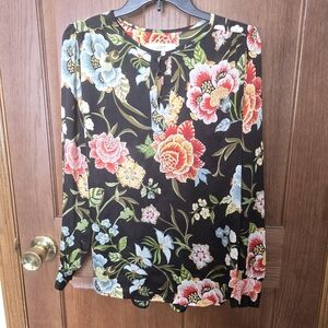 LOFT Women's Floral Black Lightweight Blouse - Keyhole Button Front- EUC - Small